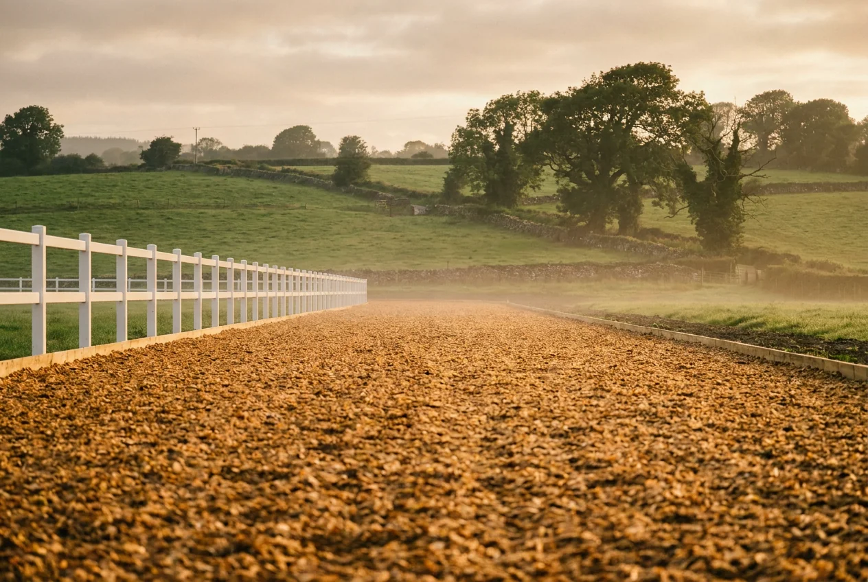Wood chip surface in an equestrian horse walker on an Irish yard